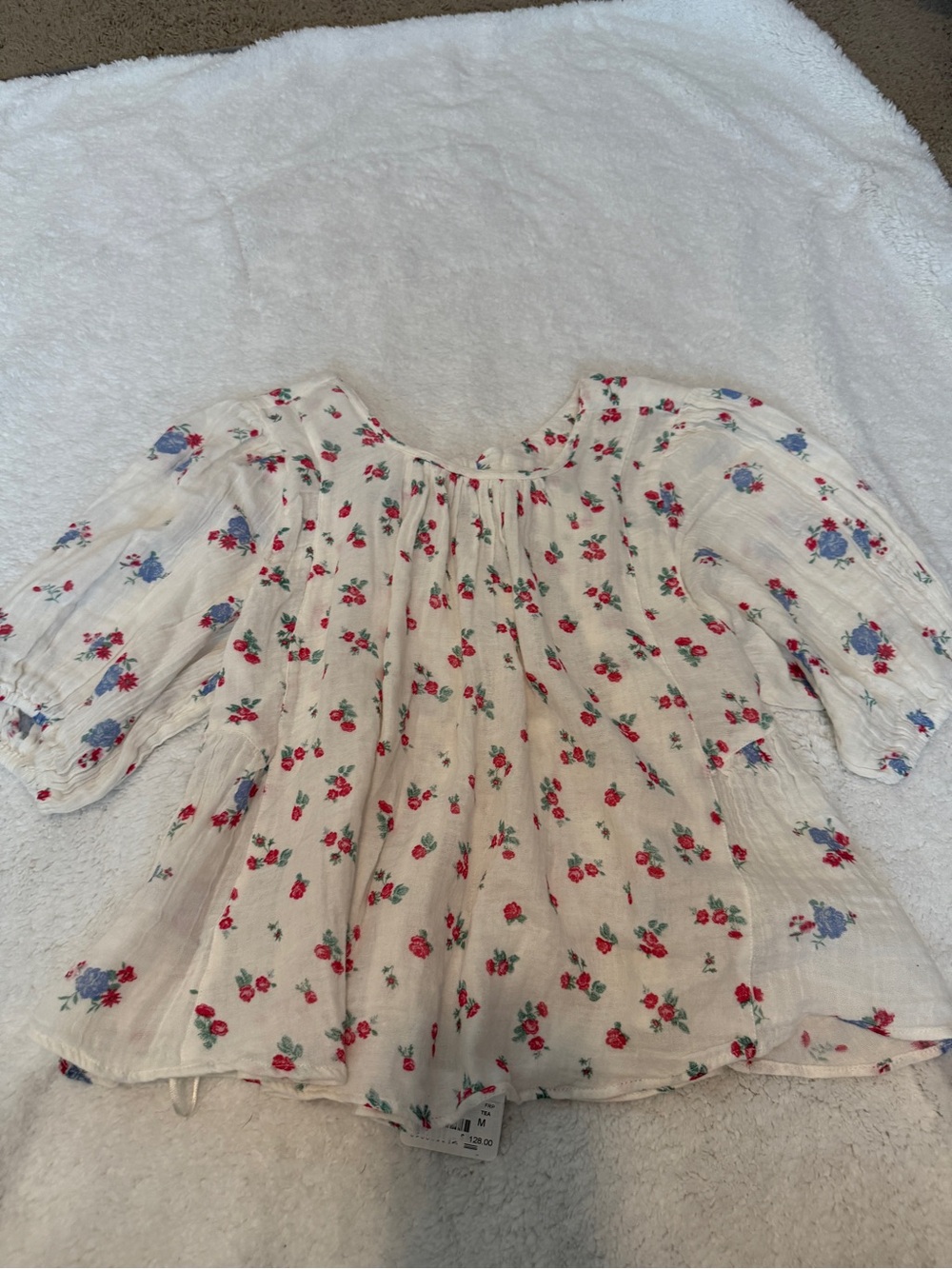 Free People White Floral Peasant Top with Red & Blue Blooms